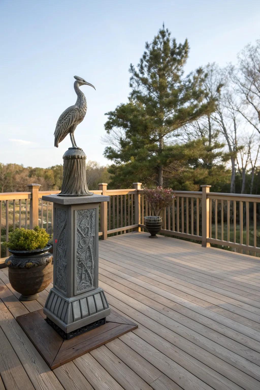 Artistic elements add character to outdoor spaces.
