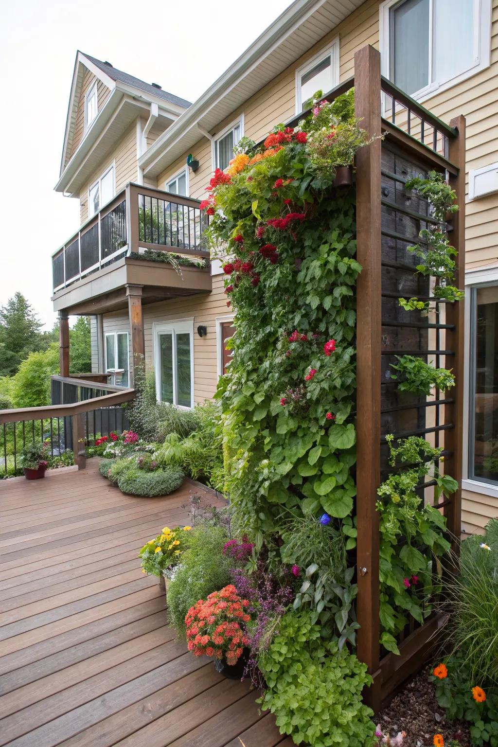 A vertical garden brings life and color to the deck.