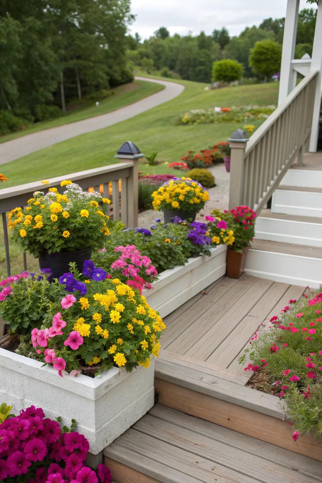 Deck landing with built-in planter steps filled with colorful flowers.