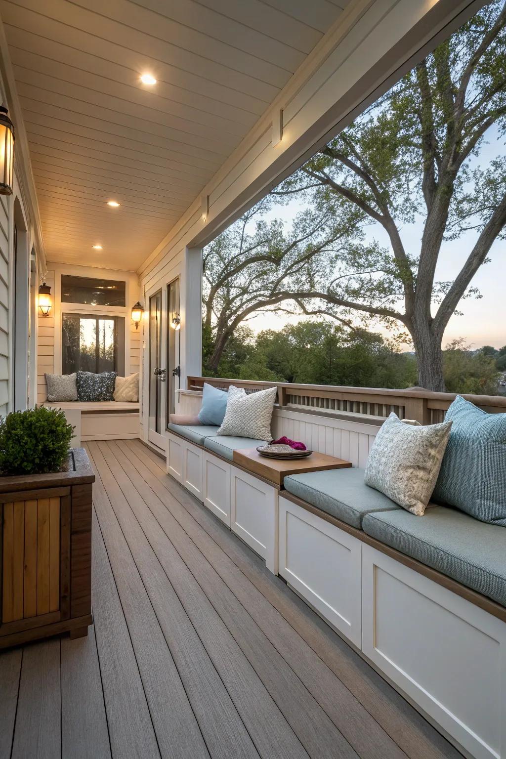 Storage benches keep a side deck tidy and functional.