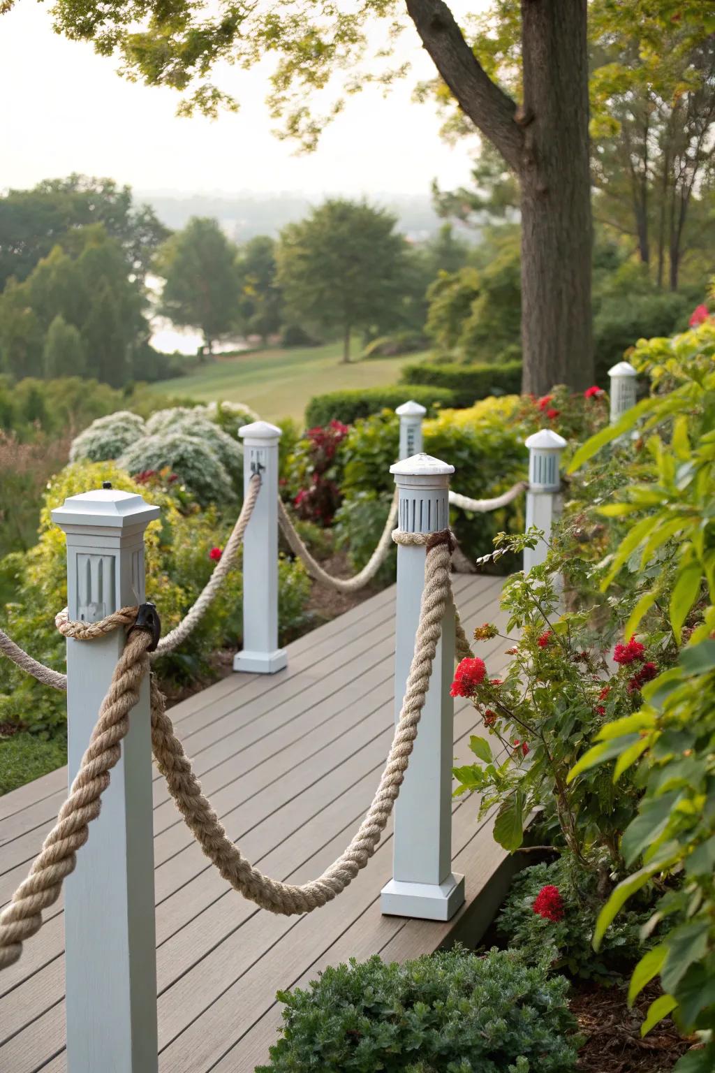 Nautical-themed posts with rope accents bring coastal charm to this inviting deck.