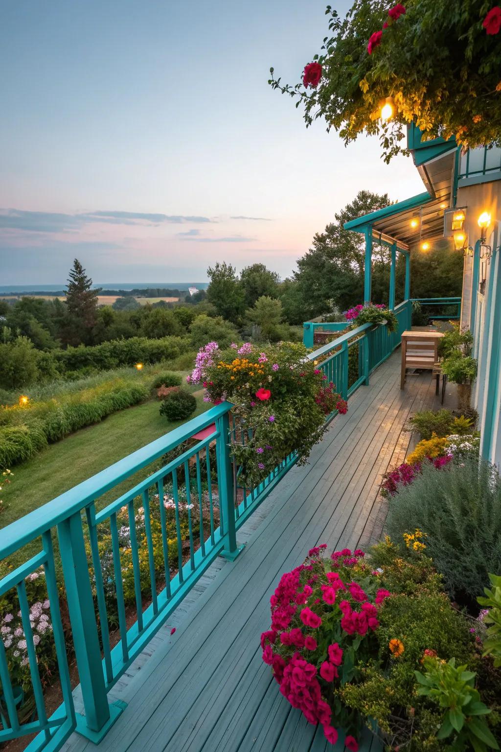 Teal railings add a playful, lively vibe to any deck.