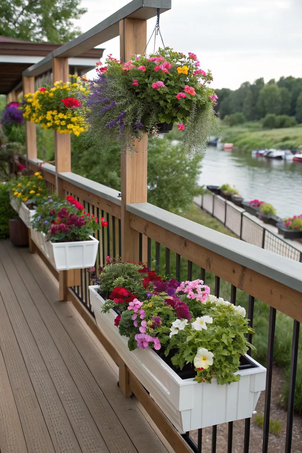 Floating flower boxes provide a magical and innovative touch to your deck.