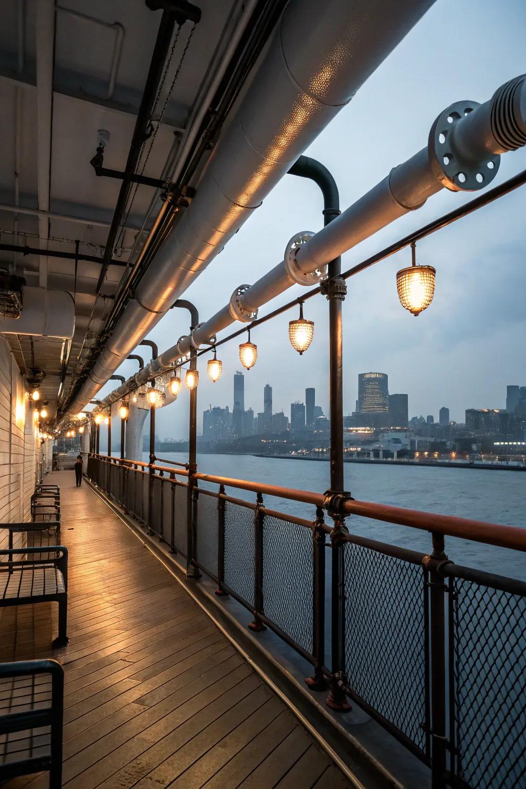 Industrial pipe lights add a modern edge to the deck.