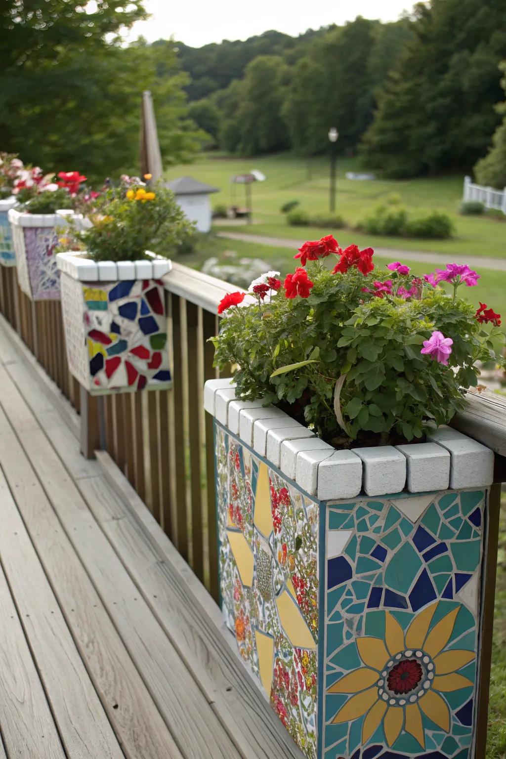 Mosaic planters serve as artistic focal points