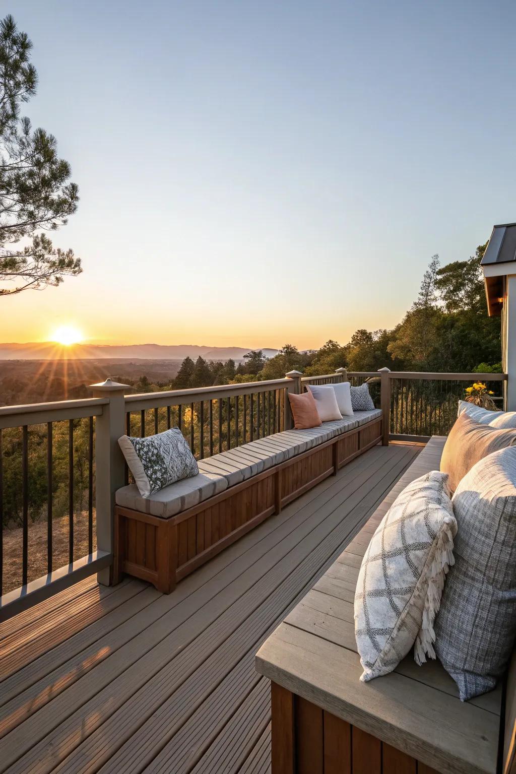 Integrated seating along the railing for multifunctional use.