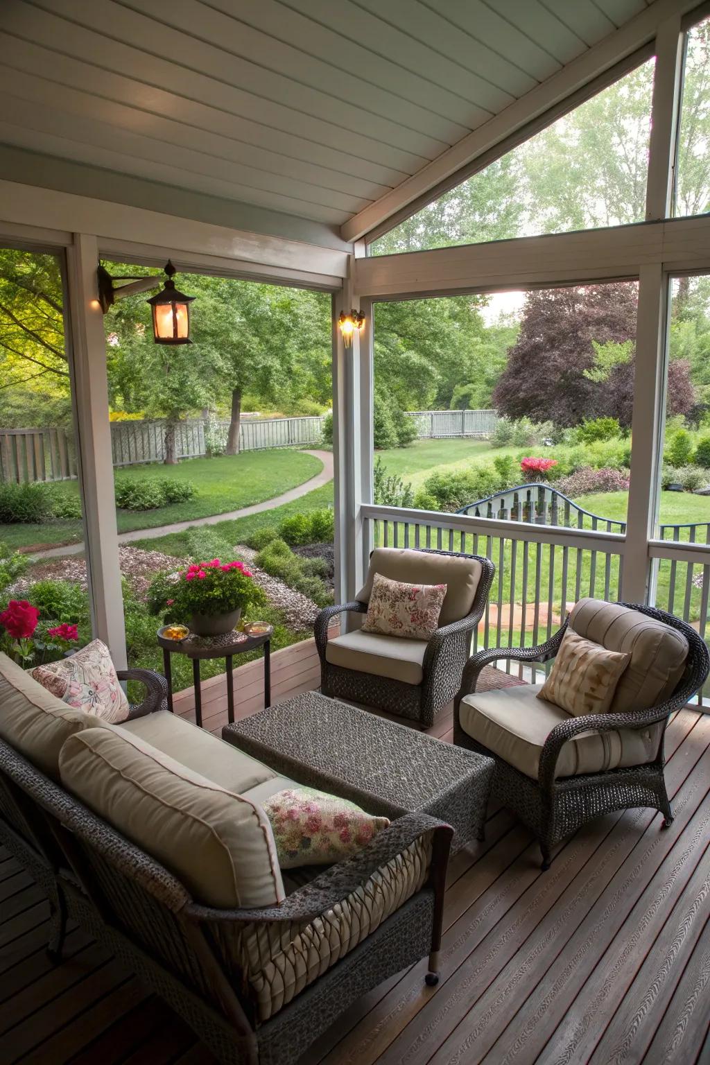A screened-in porch offers comfort and bug-free outdoor enjoyment.