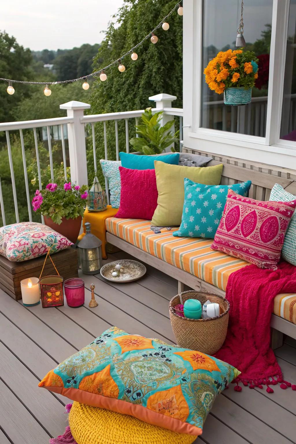 A vibrant deck enlivened by colorful accents and decor.