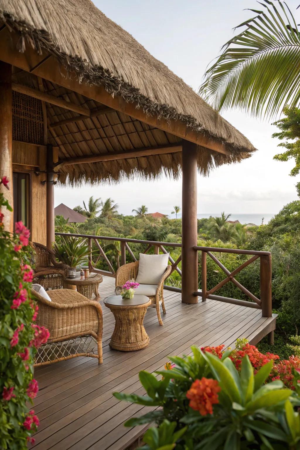 Create a tropical vibe with a thatch roof.