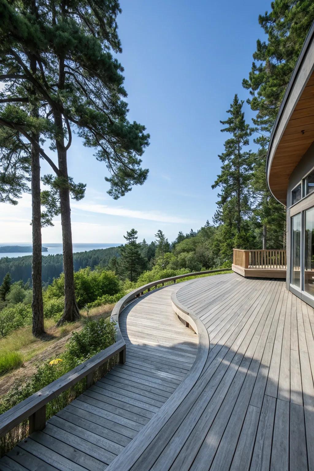 A deck with gentle curves, creating a harmonious and modern outdoor space.