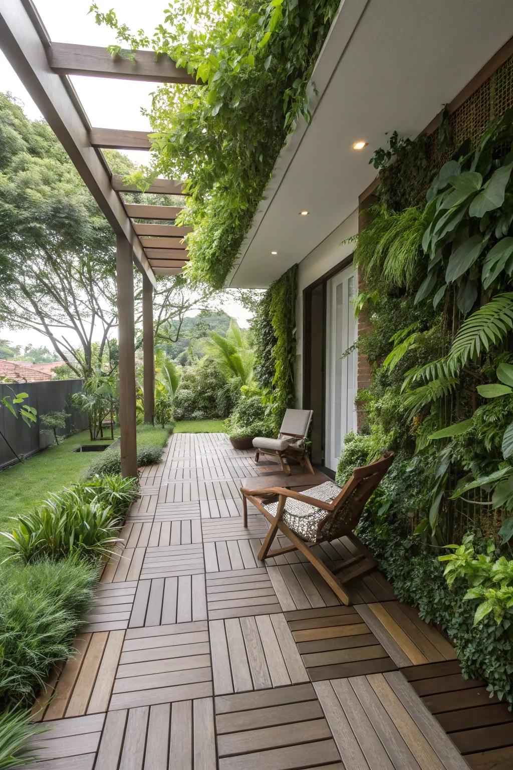 Integrate greenery between tiles for a lush look.