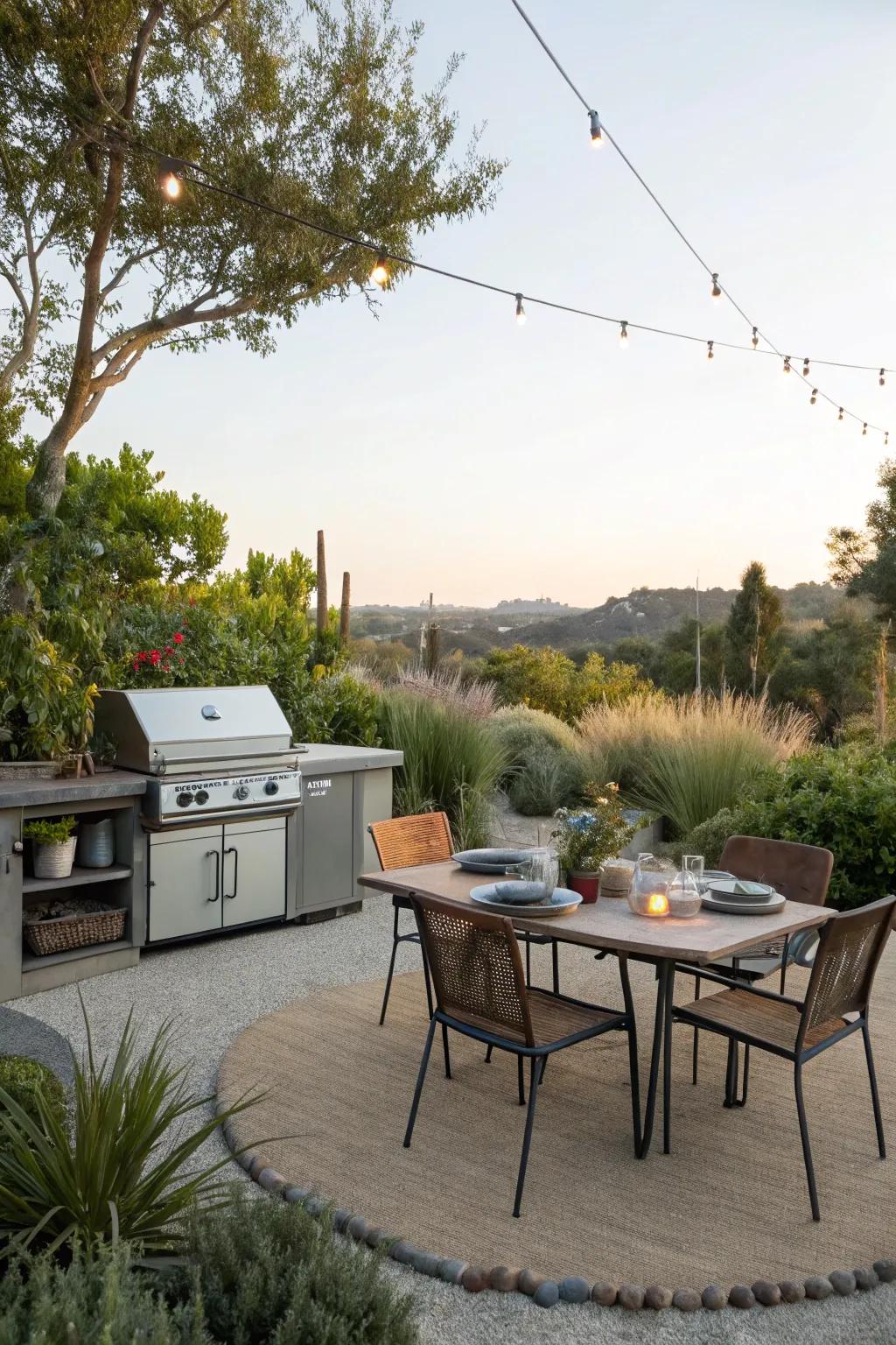 An outdoor kitchen transforms a decomposed granite patio into an entertainer’s paradise.