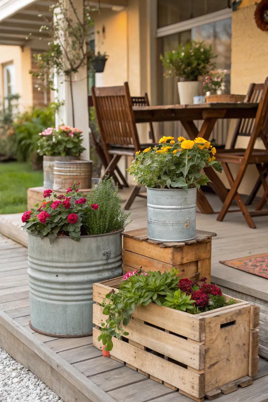 DIY upcycled planters add a personal and unique charm to the patio.