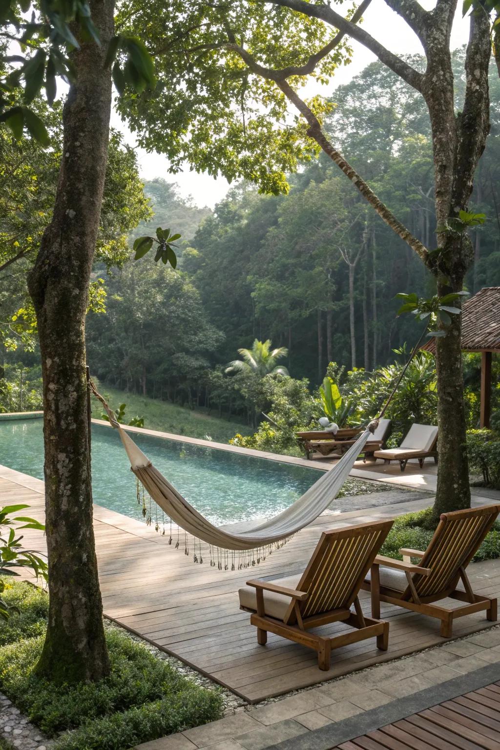 Hammocks provide a perfect spot for poolside relaxation.