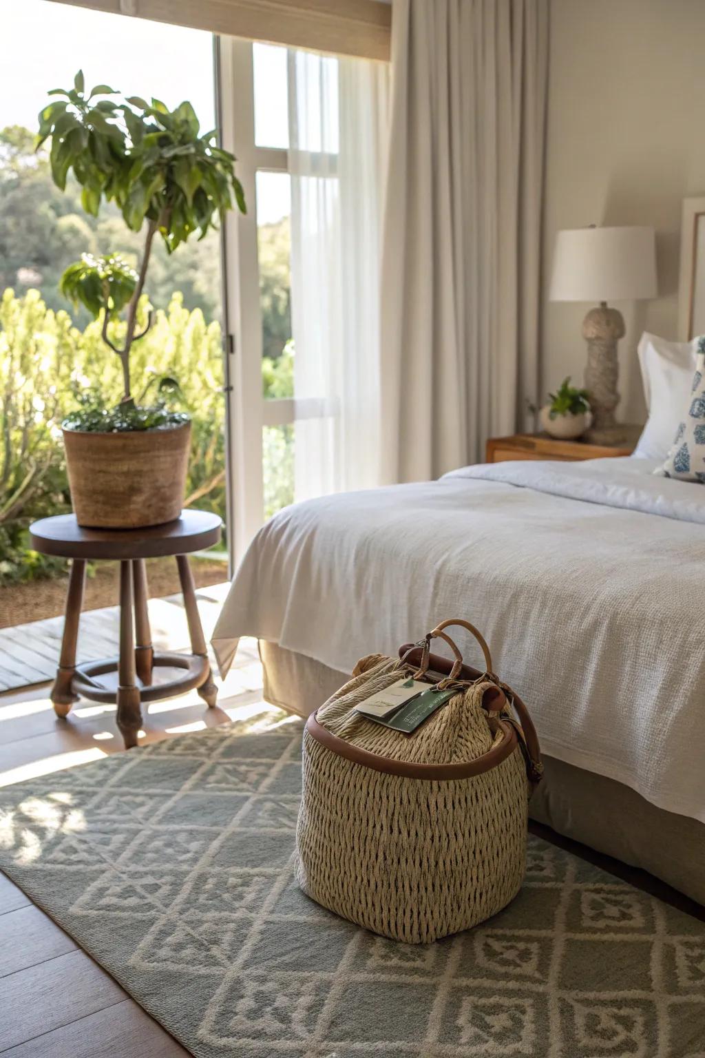 A welcoming guest room where a garden stool offers a convenient spot for personal items.