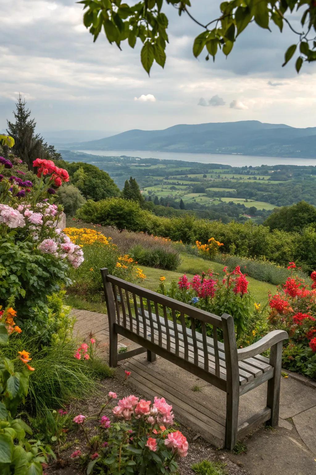 A bench positioned for the best garden view offers a scenic retreat.