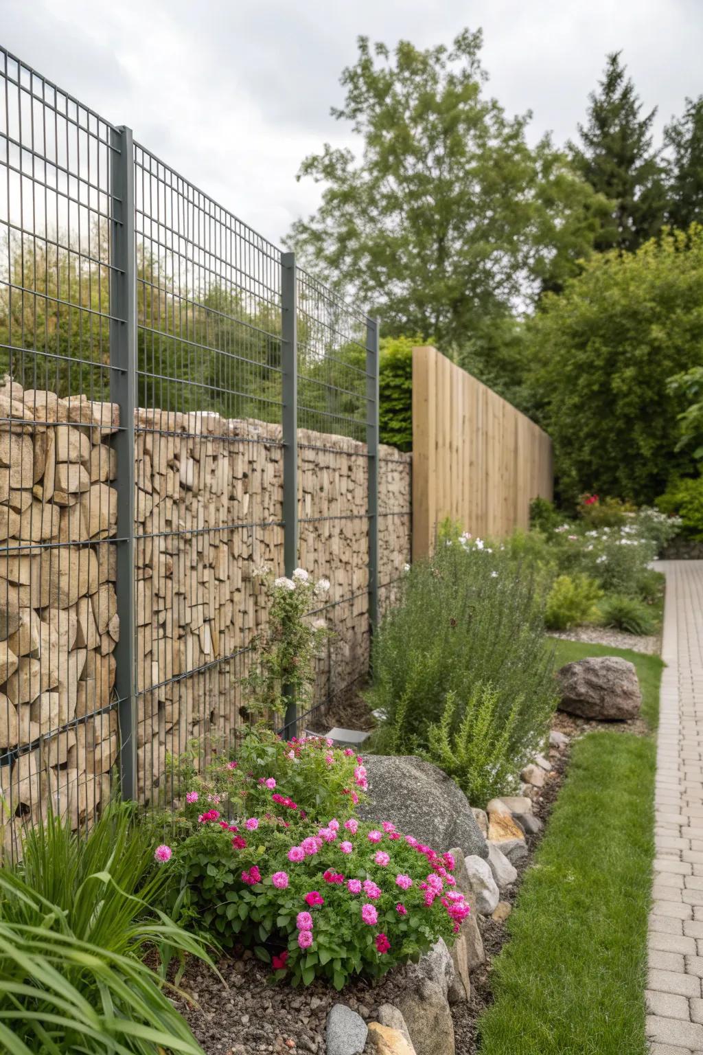 Locally sourced stones make this gabion fence an eco-friendly choice for any garden.