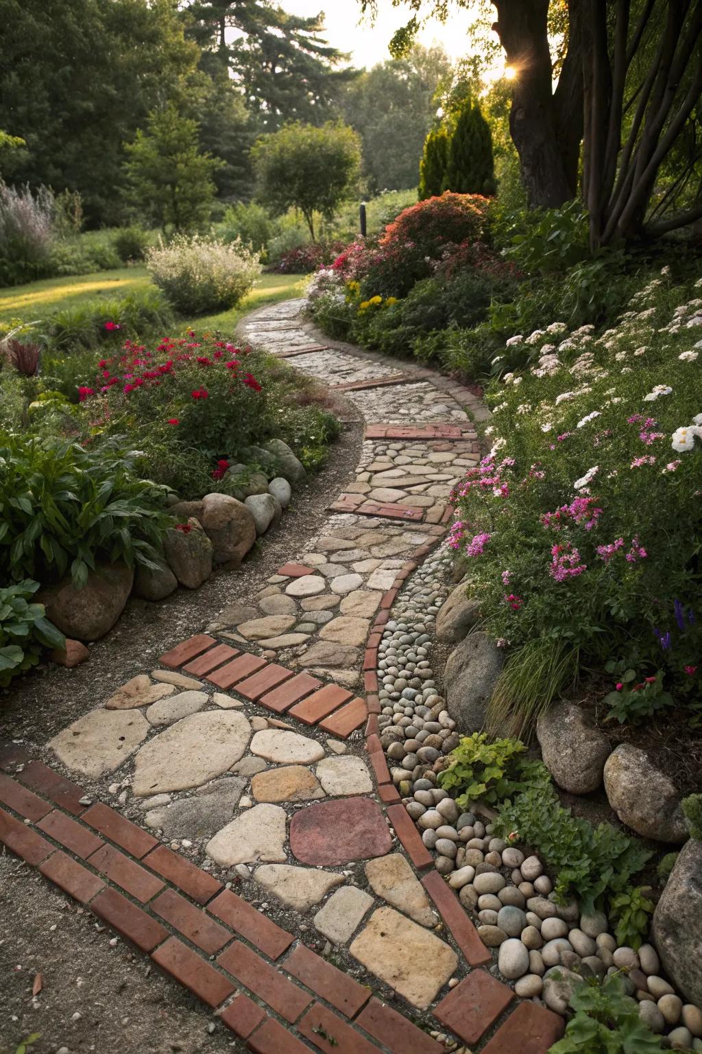 A creative garden path adds an artistic touch to the landscape.