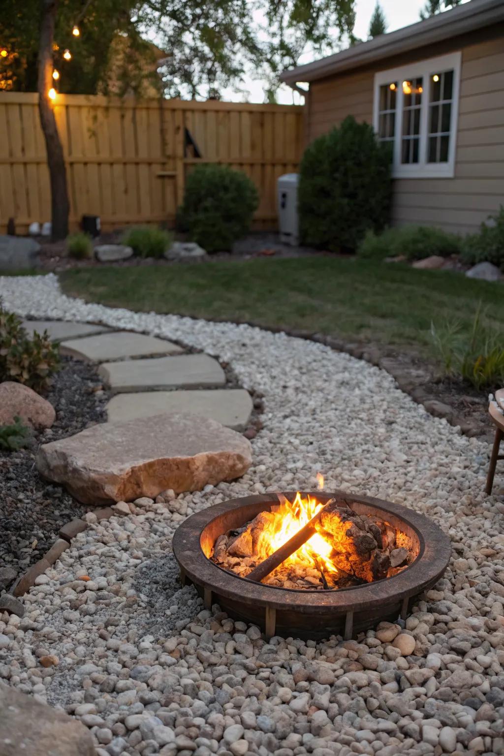A cozy fire pit area enhanced by a gravel surround.