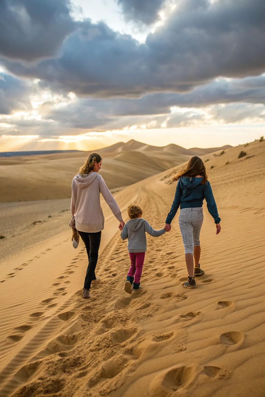 Strolling through the sand creates a serene atmosphere.