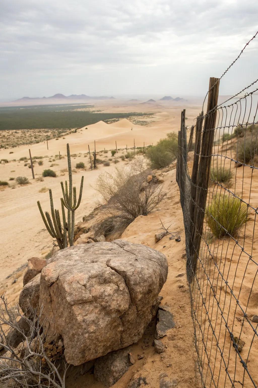 A rock and wire fence blends strength and style.