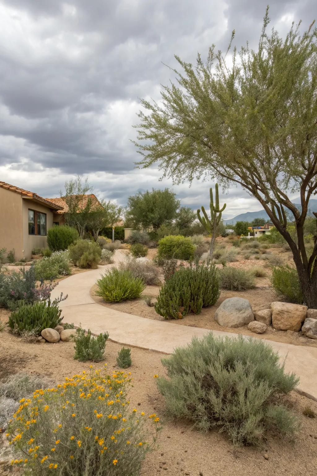 Edible plants add beauty and functionality to this desert front yard.
