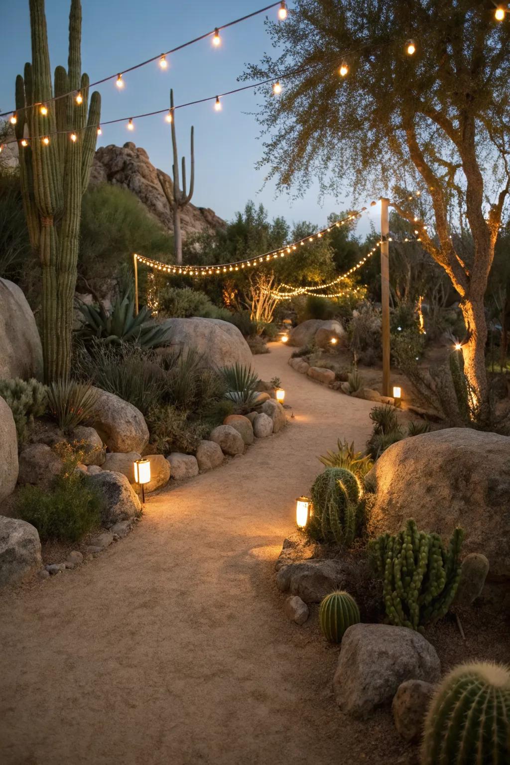 Lighting adds ambiance and highlights features in the desert garden.