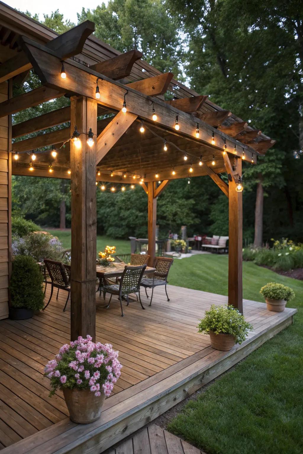 Rustic wood pergolas add classic charm and warmth to decks.