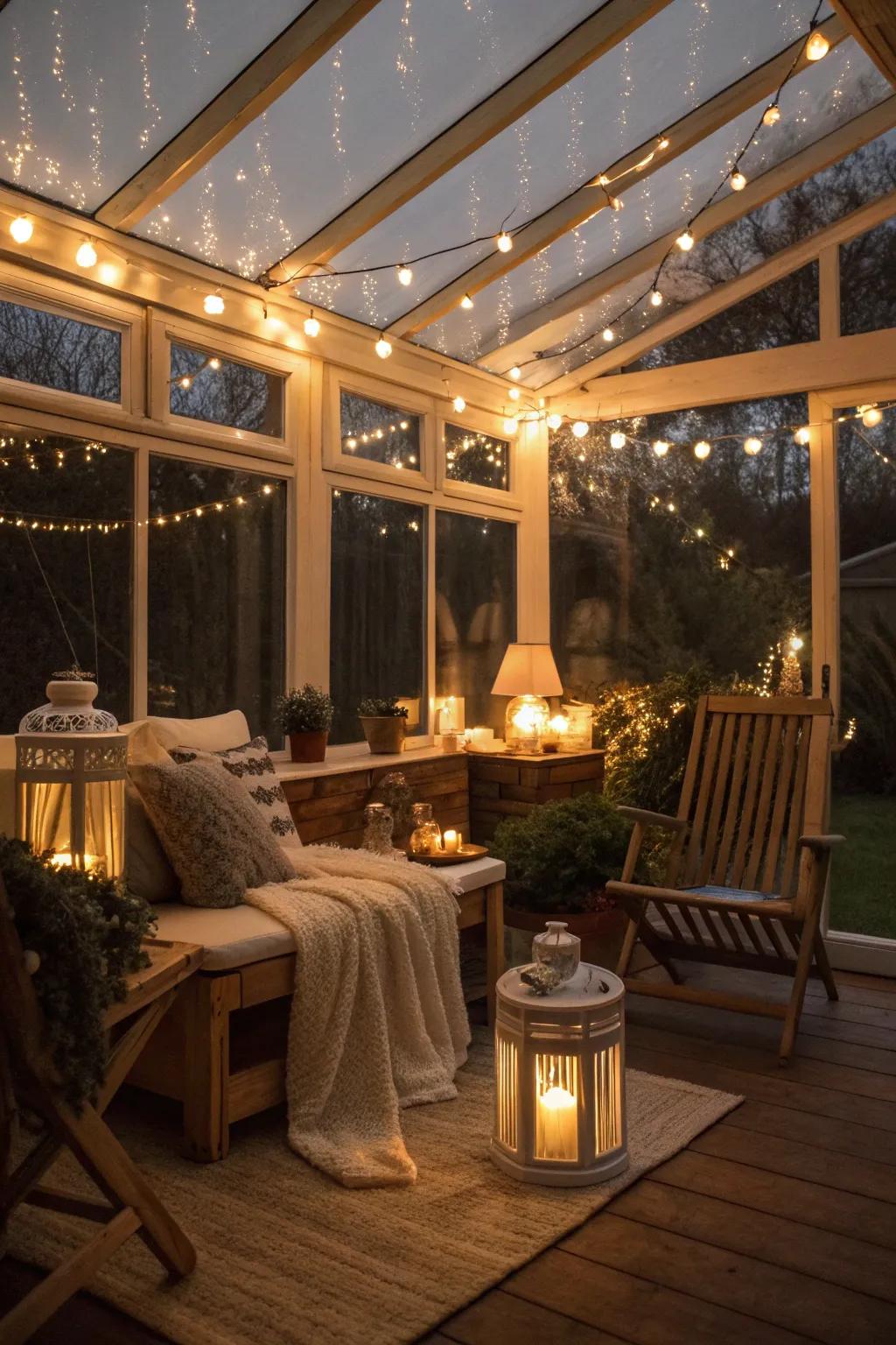 Enchanting sunroom with creative lighting solutions.