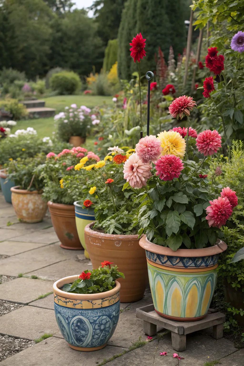 Bohemian mix of colorful pots with dinner plate dahlias in a vibrant garden setting.