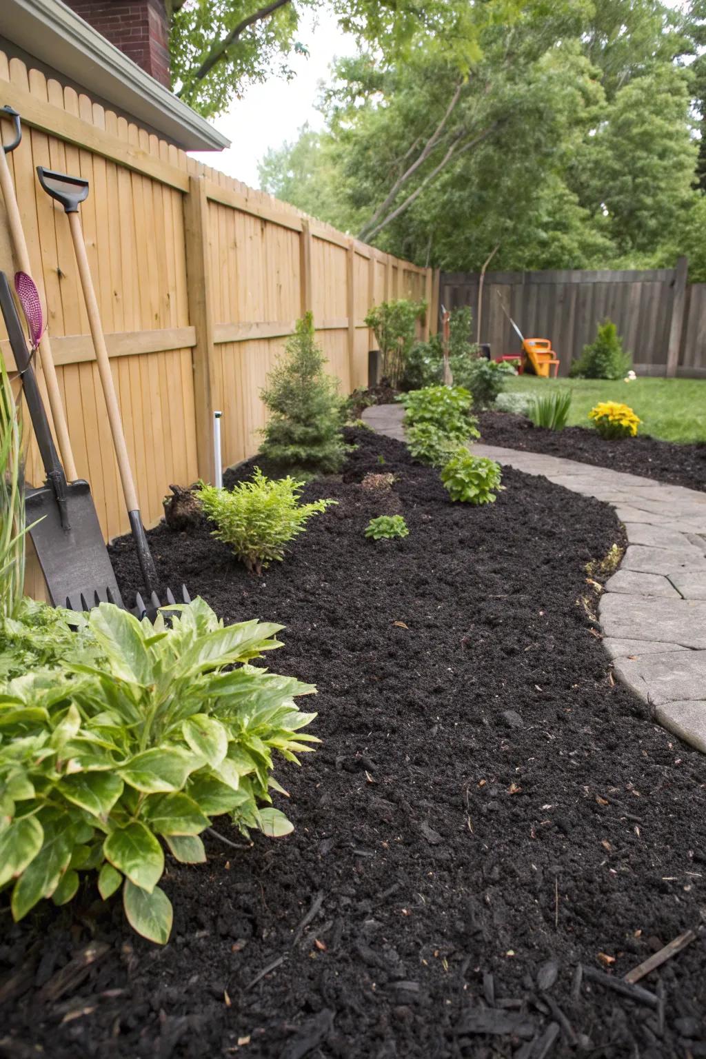 Rubber mulch offers a long-lasting, eco-friendly ground cover.
