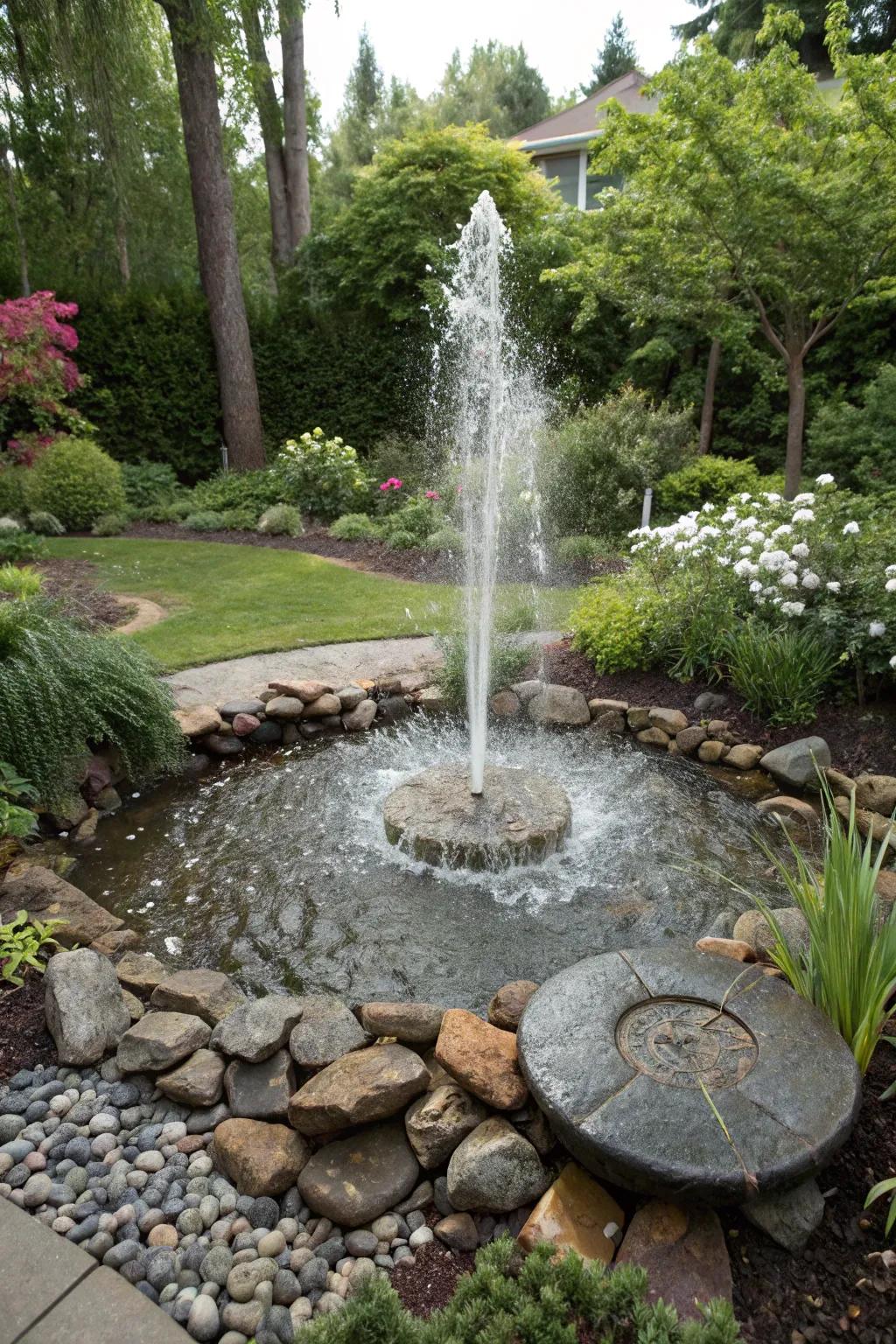 An in-ground geyser-style disappearing fountain adds excitement to the garden.