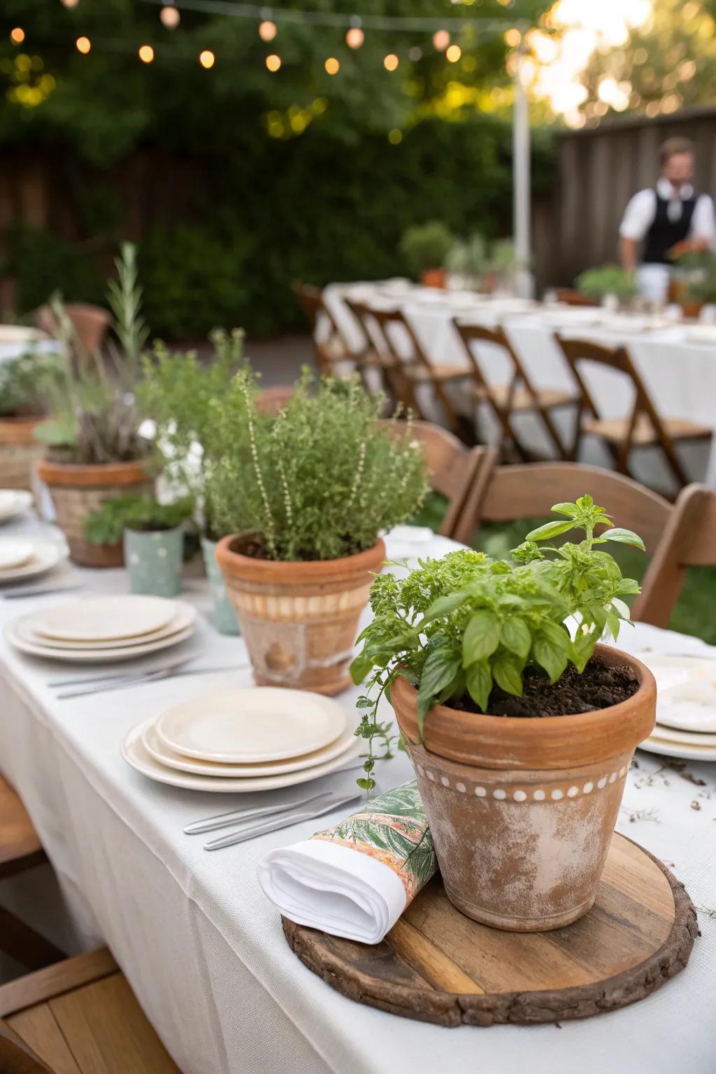 Herb centerpieces double as decor and guest favors.