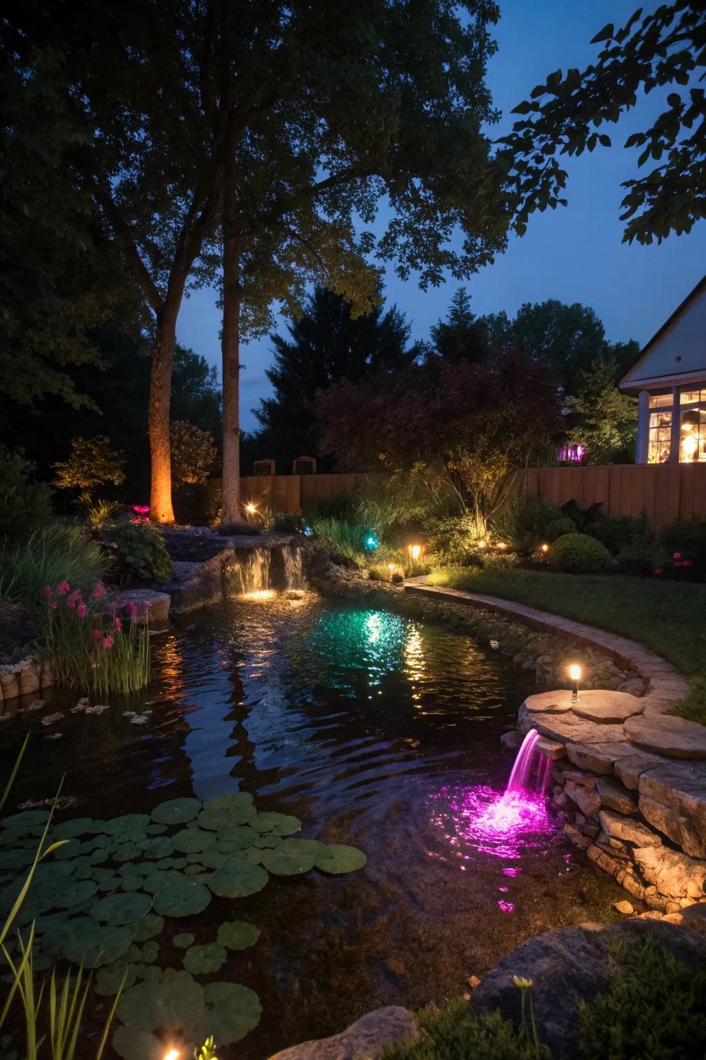Transform your pond into a magical evening retreat with lighting.