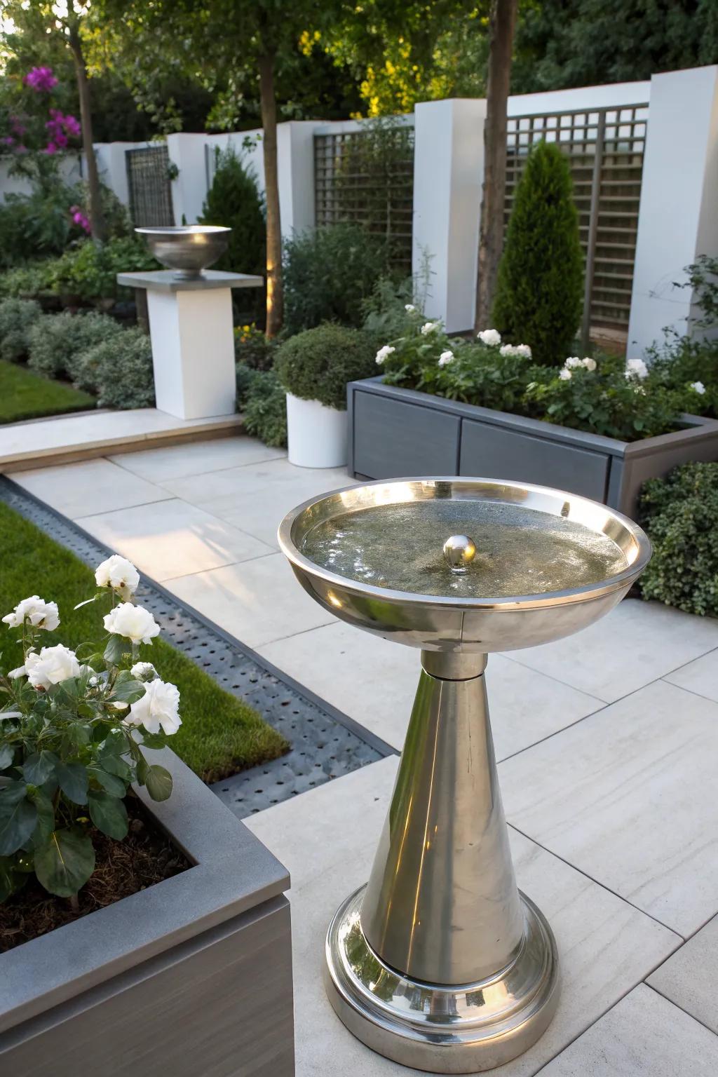 A metallic dish birdbath provides a modern and reflective garden feature.