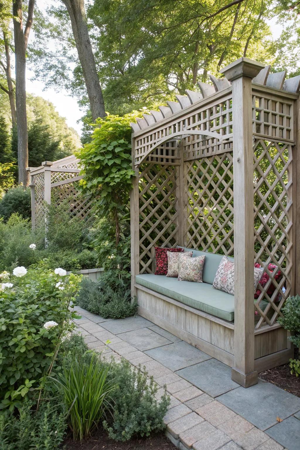 Lattice designs with built-in seating offer comfort and style.