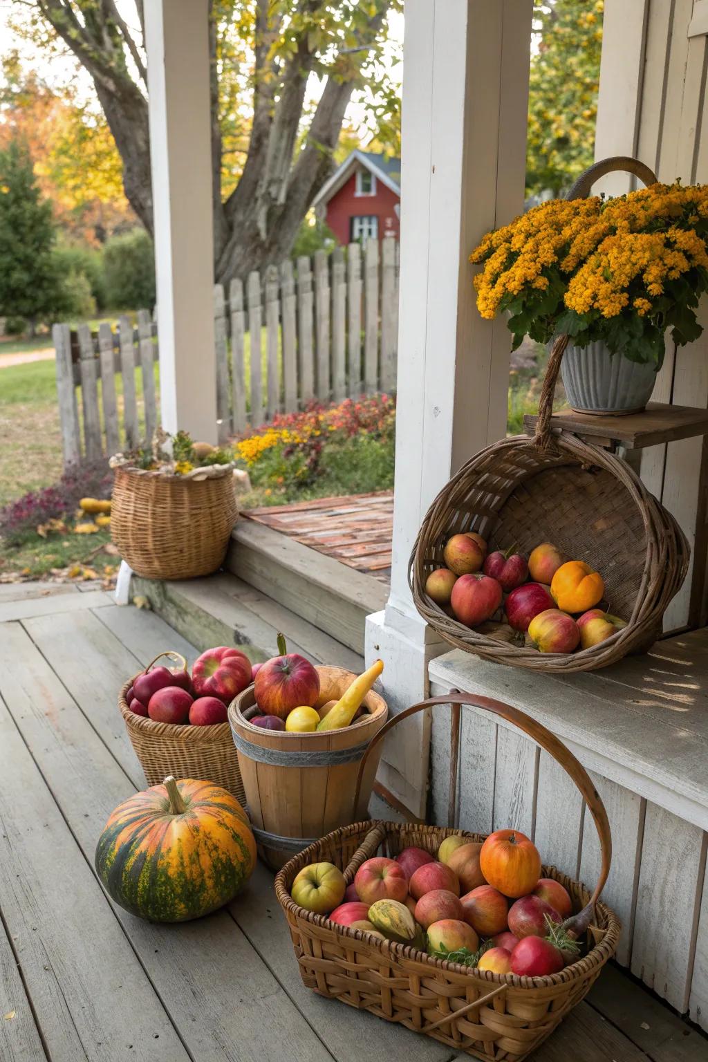 Harvest baskets brimming with seasonal produce.