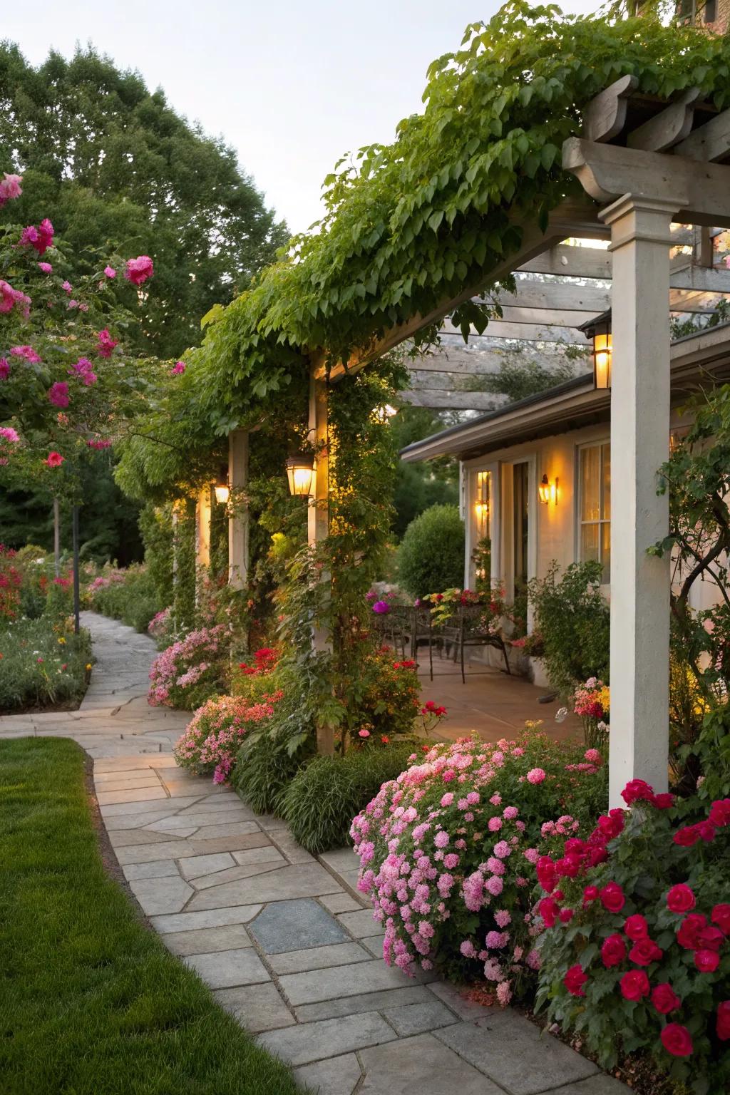 A pergola adds architectural interest and supports climbing plants.