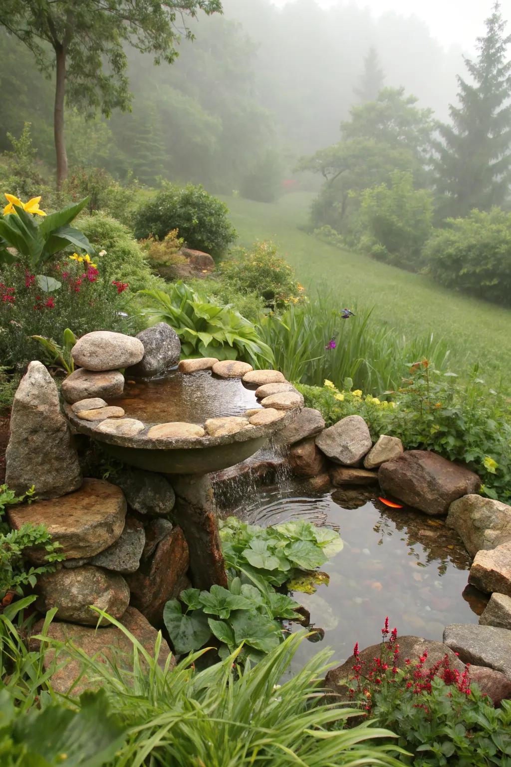 Natural rocks form a bird bath that looks like a mini creek.