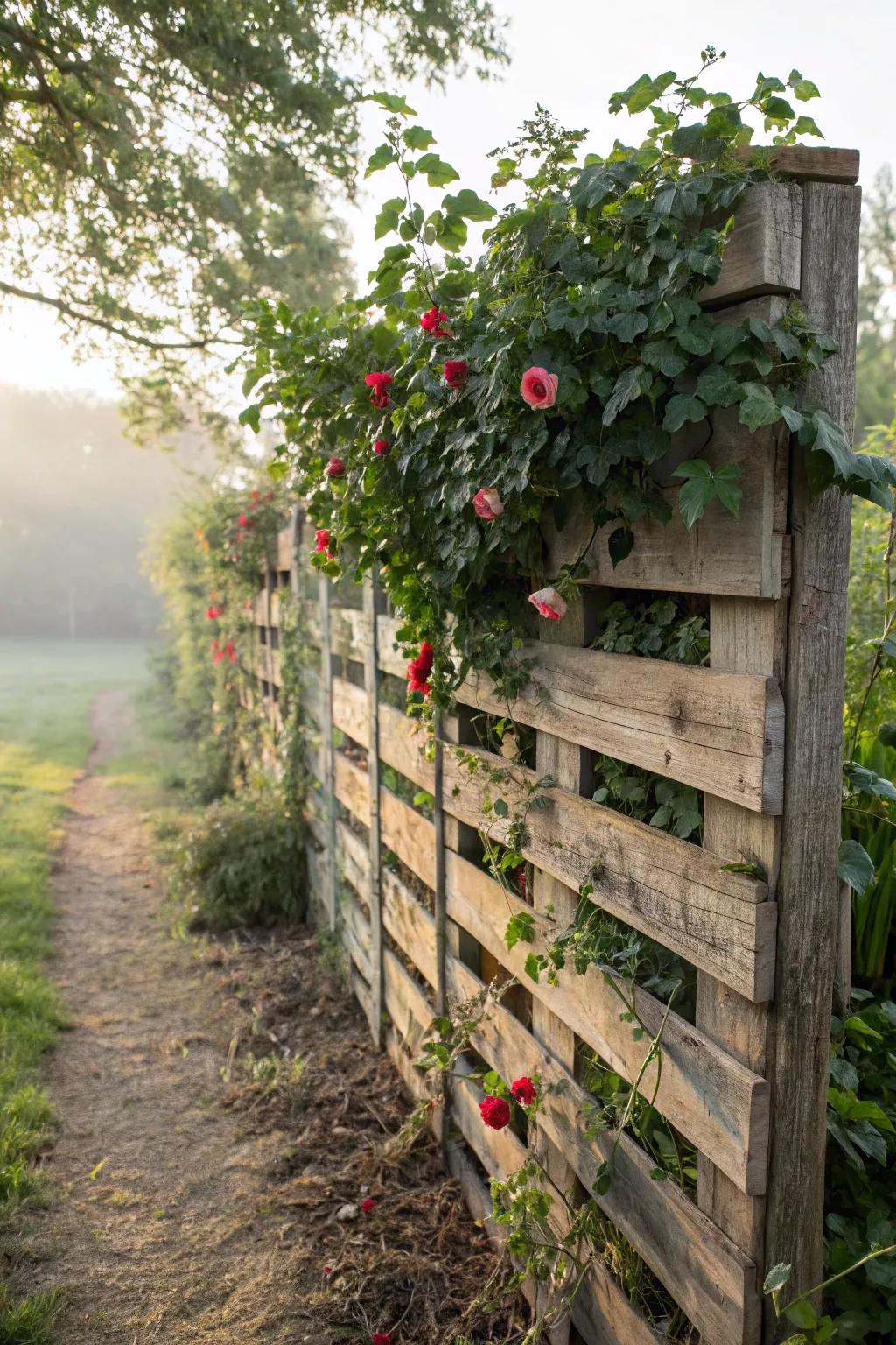 Let nature take over with climbing plants on a pallet fence.