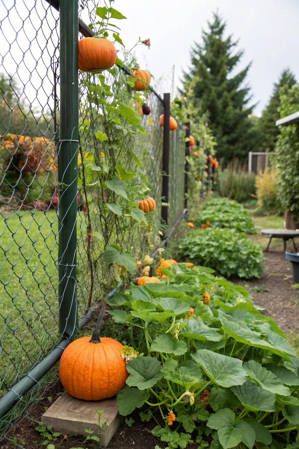 Turn a chain link fence into an efficient trellis for your pumpkins.