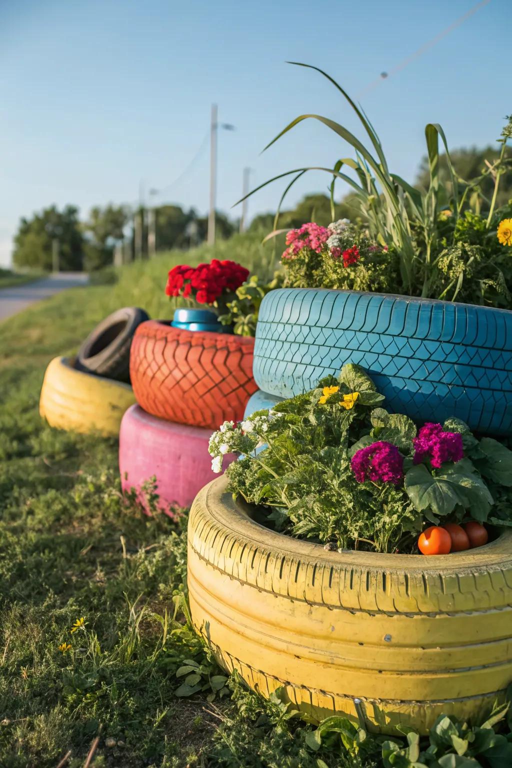 Tire planters are a fun way to recycle and add color.
