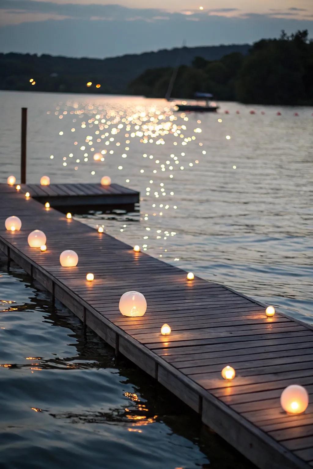 Floating lights adding a mesmerizing effect to the dock area.