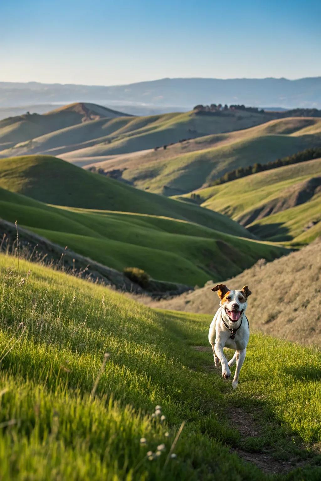 Hills and valleys add an engaging terrain to a dog run.