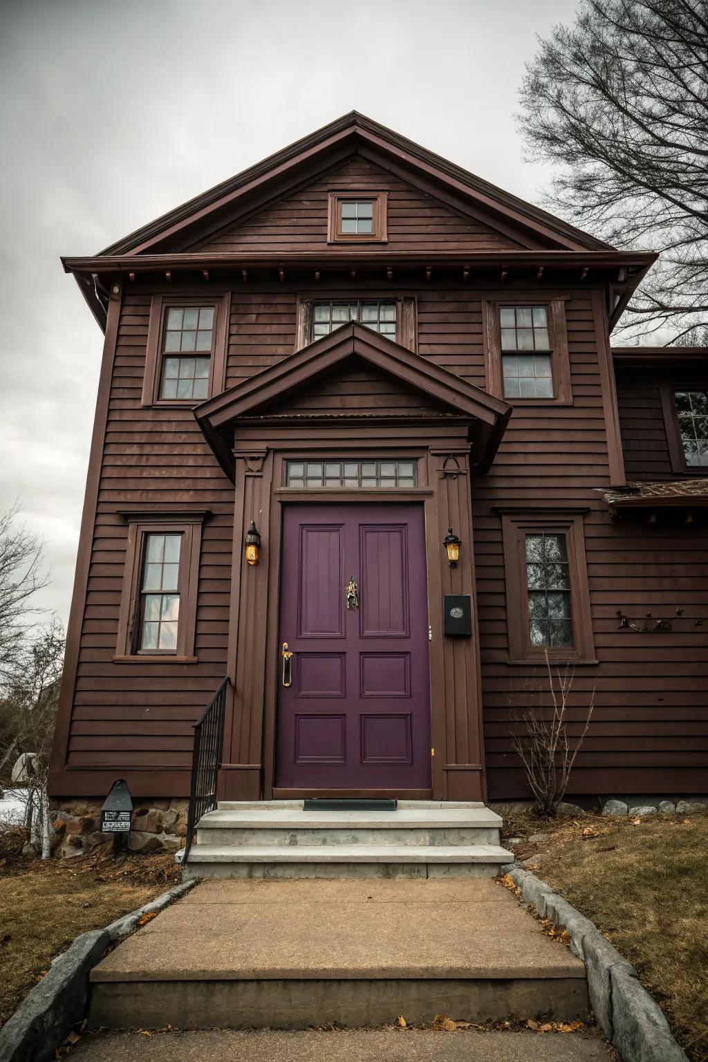 Plum doors bring a touch of regal elegance to brown homes.