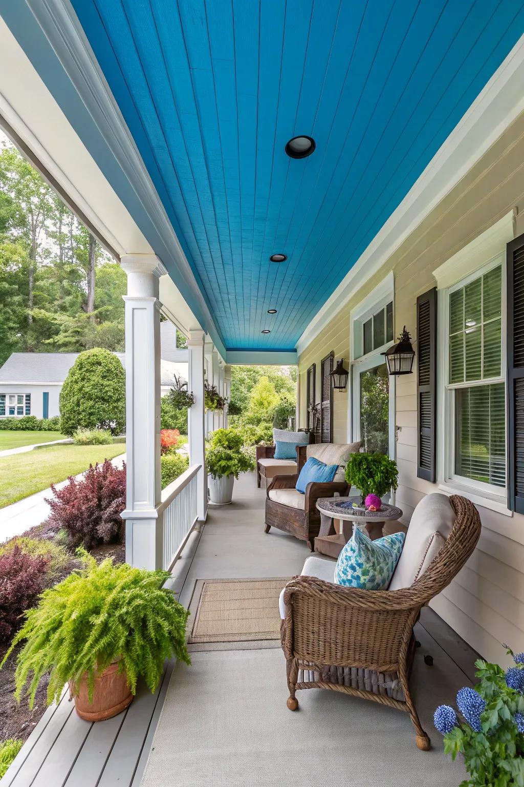 Surprising pops of color, like a bright blue ceiling, add vibrancy to the double front porch.