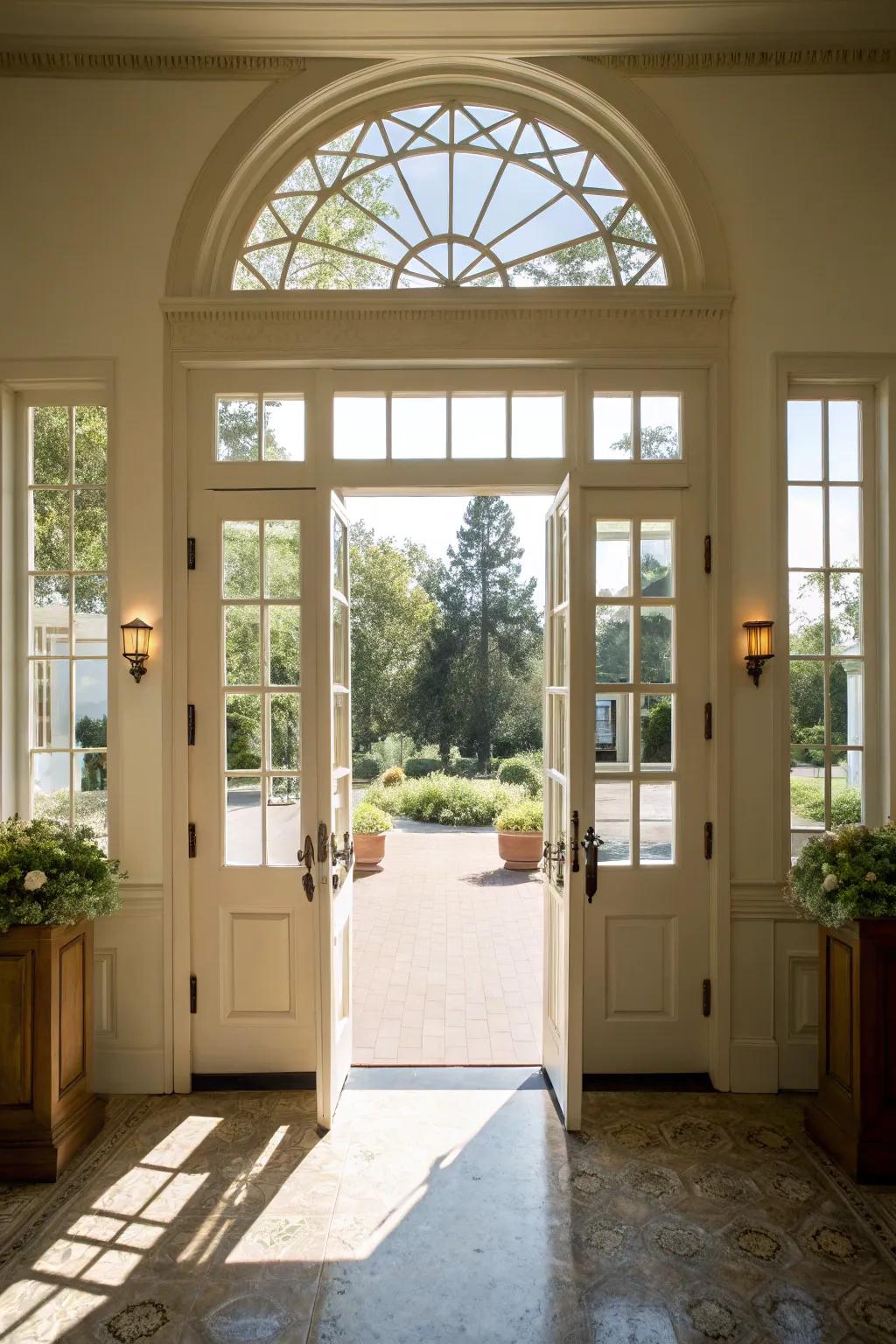 Transom windows add extra light to the porch.