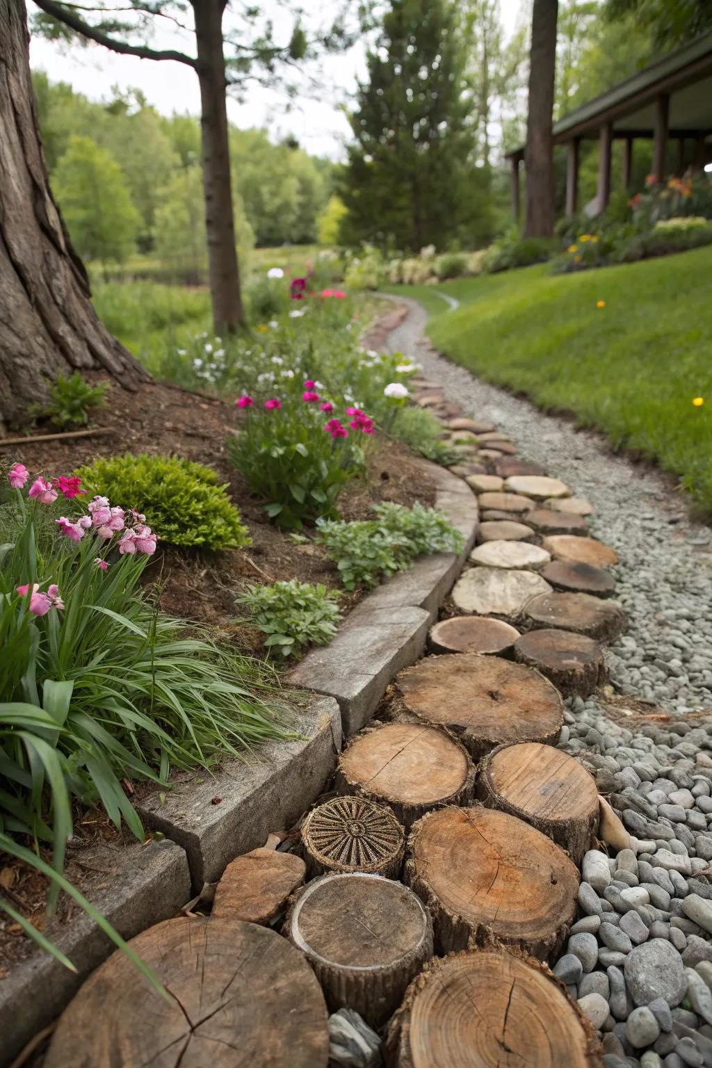 Natural materials provide rustic charm while concealing drain covers.