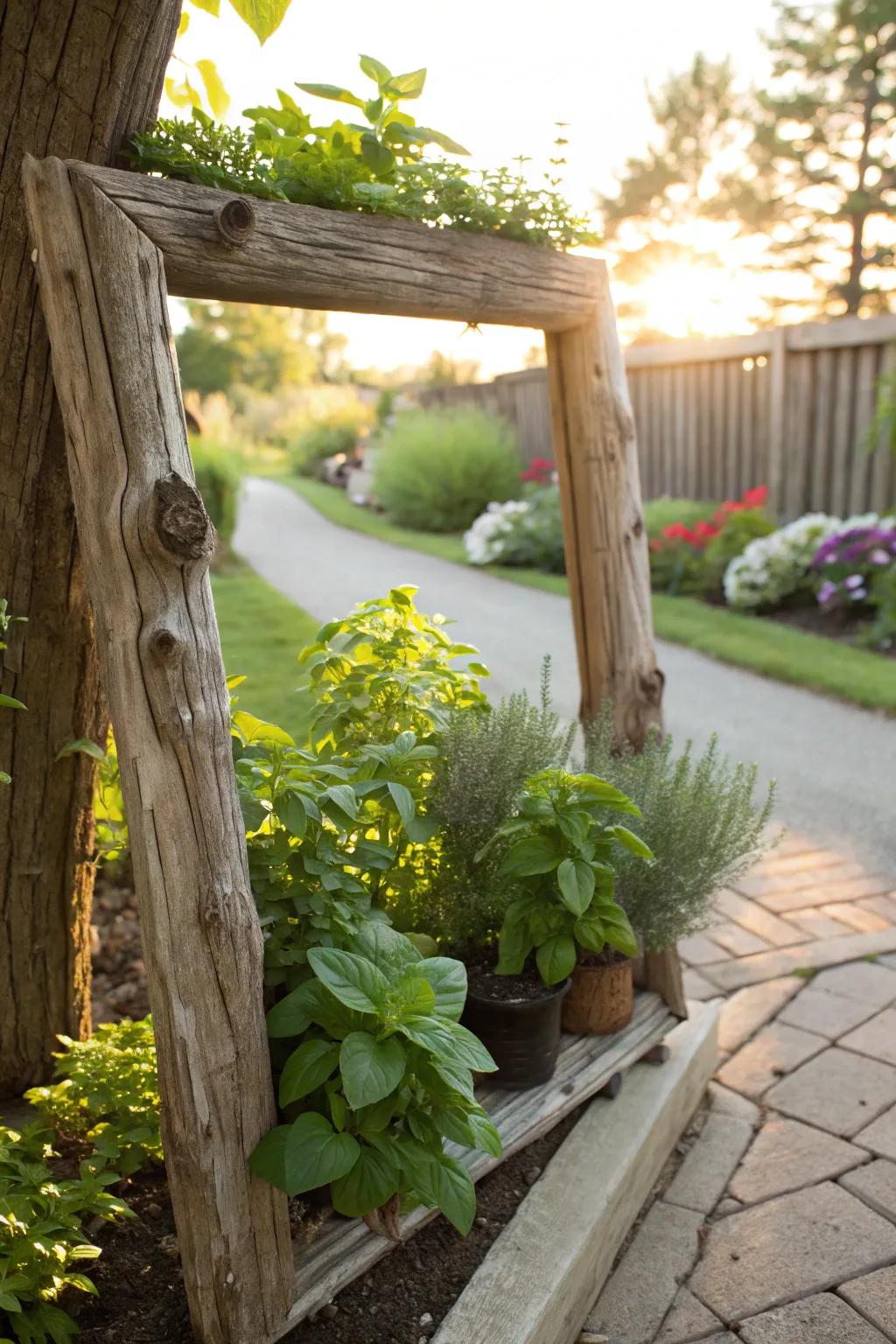 A charming herb garden framed with driftwood.