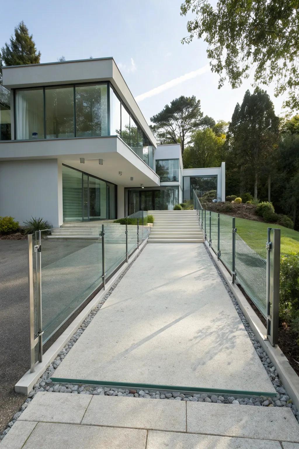 Metal and glass create a sleek and modern driveway border.